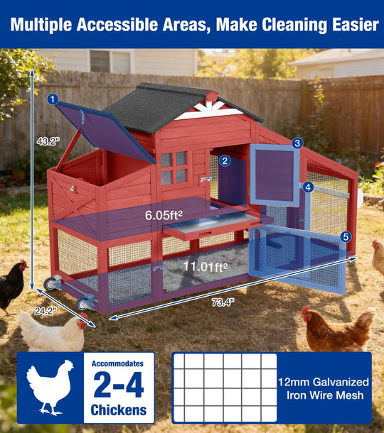 MEDEHOO 73" Mobile Chicken Coop with Run for 2-4 Chickens, Large Wooden Hen House with Nesting Box, 2 Perches and Easy-Clean Pull-Out Tray, Gray AIR32-R-9-AD-2-WM