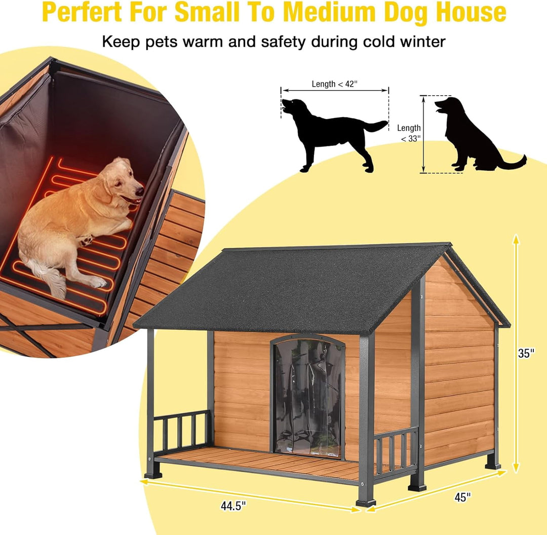 MEDEHOO Heated Outdoor Dog House for Winter, Large Wooden Dog Kennel with Heated Pad, Insulated Liner, Metal Frame, Waterproof Roof, Raised Base and Porch for Medium to Large Dogs