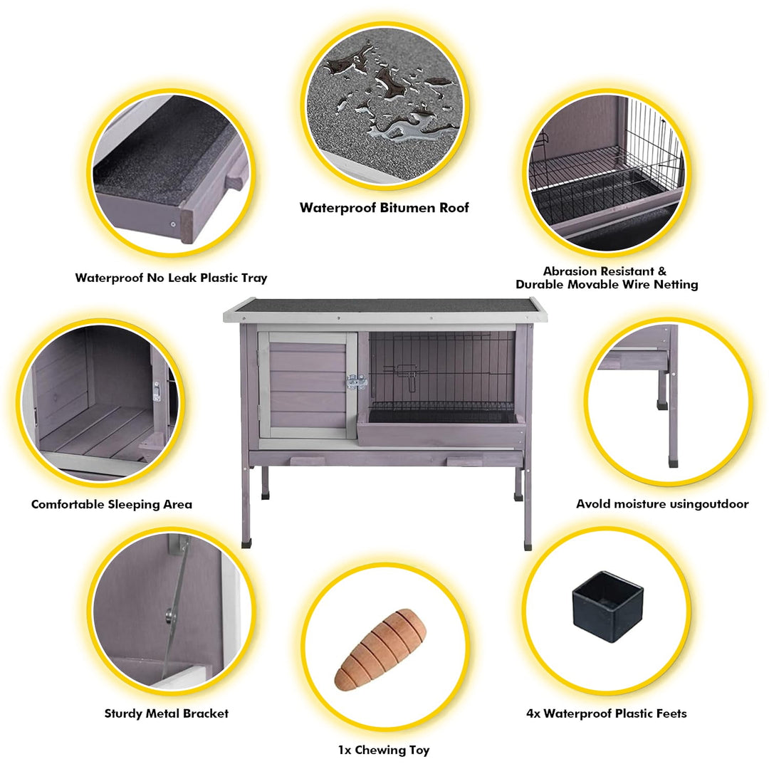 MEDEHOO Rabbit Hutch, Wooden Bunny Cages Indoor with Deeper Leakproof Tray - Upgrade with Metal Wire Pan (Grey, Rabbit Hutch #001-B) Large AIR001-B-WM