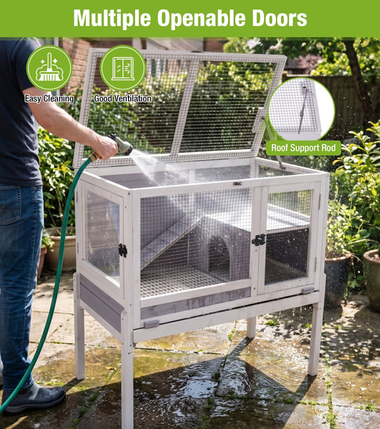 MEDEHOO Indoor Guinea Pig Cage Rabbit Hutch with Chew-Proof Ramp, 2-Story Wooden Bunny House with Pull-Out Trays &amp; Leakproof PVC Layer, Small Animal Cages with Detachable Legs (Gray) AIR53-DG-PD