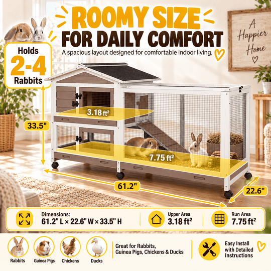 MEDEHOO 61" 2-Story Outdoor Rabbit Hutch on 6 Wheels, Large Wooden Bunny Cage with 3 Deep Front and Back Pull-Out Plastic Trays, Weatherproof Guinea Pig House, Gray AIR19-G-GE-WM2