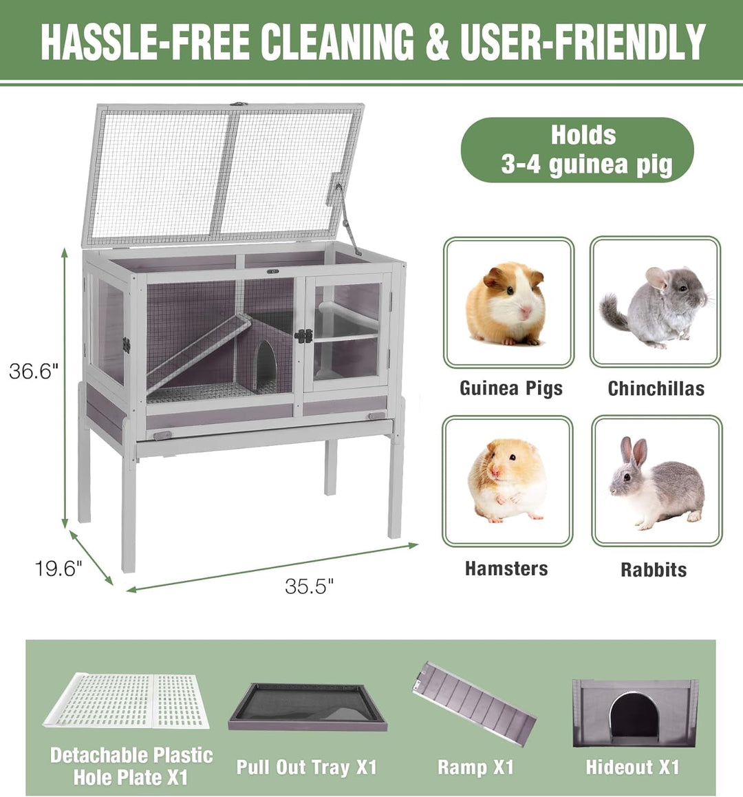 MEDEHOO Guinea Pig Cage Indoor Rabbit Hutch with Chew-Proof Edges - Grey