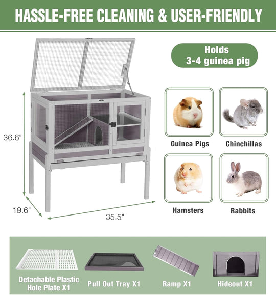 MEDEHOO Guinea Pig Cage Indoor Rabbit Hutch with Chew-Proof Edges - Grey
