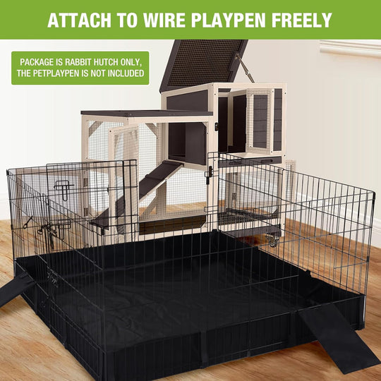 MEDEHOO Rabbit Hutch Indoor Mobile Bunny Cage with Run Wooden 2 Story Guinea Pig Cage Outdoor for Small Animals with Wheels,Two Deeper No Leak Trays(Brown) XZ7001-00J-WM