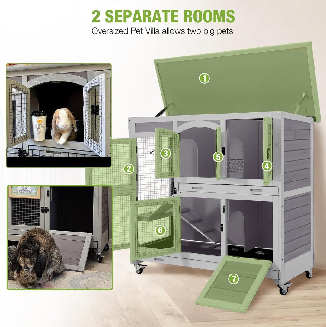 MEDEHOO Rabbit Hutch Indoor and Outdoor Bunny Cage with Wheels Hamster House Guinea Pig Cages for Small to Medium Animals Waterproof Leakproof Tray Grey AIR06-C-MC-WM