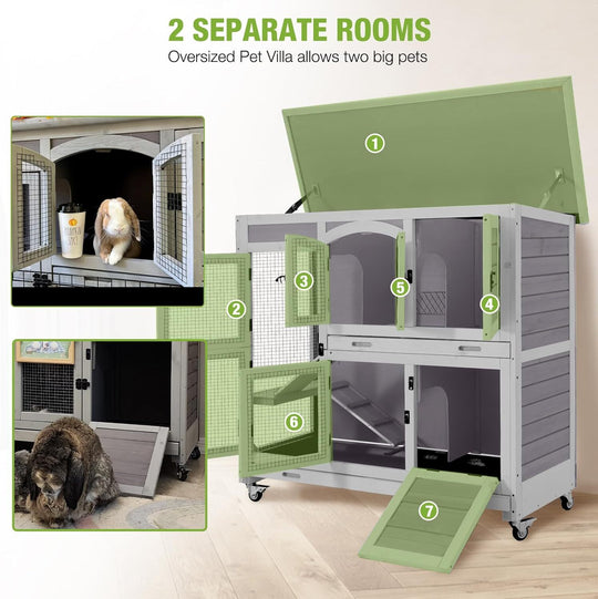 MEDEHOO Rabbit Hutch Indoor and Outdoor Bunny Cage with Wheels Hamster House Guinea Pig Cages for Small to Medium Animals Waterproof Leakproof Tray Grey AIR06-C-MC-WM