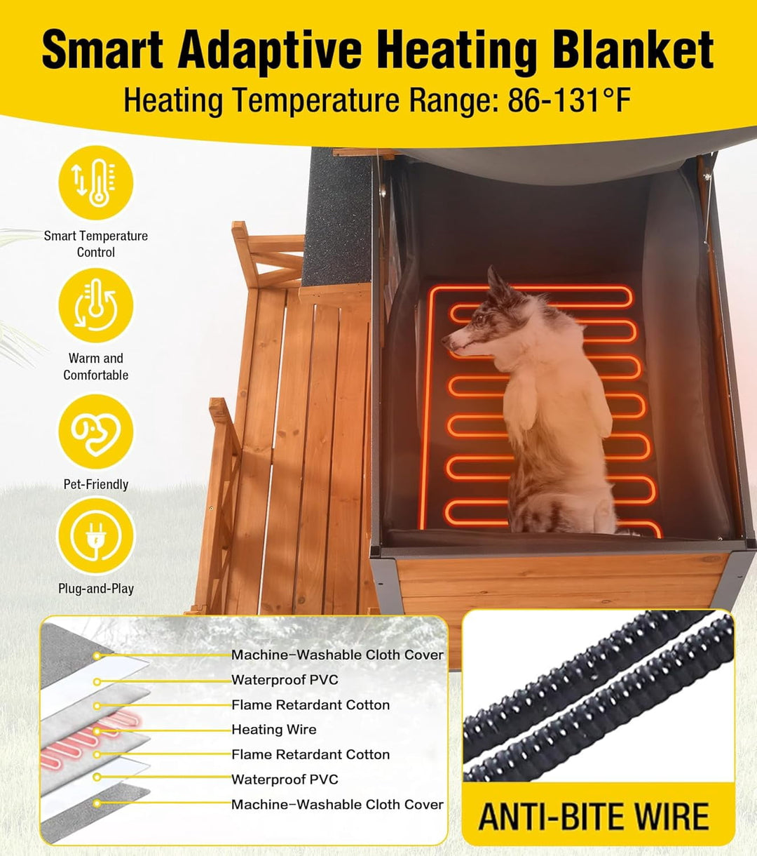MEDEHOO 44.6" Large Outdoor Heated Dog House XL Insulated Dog Kennel with Safe Heating Pad, Chew-Proof Metal Frame, 6-Sided Thermal Liner for Large Dog Breeds, Brown