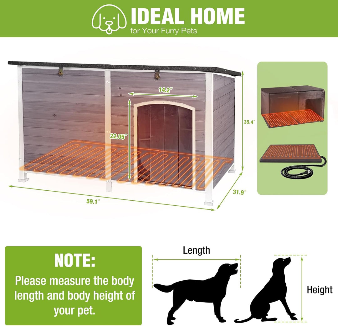 Extra Large Heated Dog House Outdoor Insulated for Winter, Weatherproof Dog Kennel with Anti-Chewing Iron Frame, Insulated Dog Shelter for Large Breed (Grey, 59.1'' Large) DH64-IN-HP-2DML