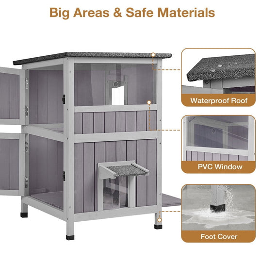 Outdoor Cat House 2-Story Feral Animals Shelter Cat Enclosure with Window &amp; Waterproof Roof BSR144