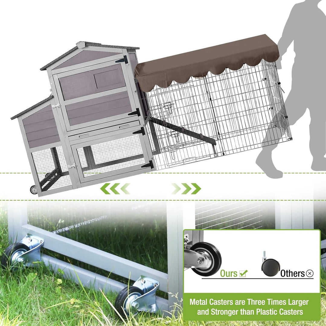 MEDEHOO Chicken Coop with Wheels Large Mobile Chicken House with Metal Run Outdoor Poultry Cage with Waterproof Roof,Nesting Box AIR7008-JO-WM