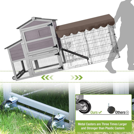 MEDEHOO Chicken Coop with Wheels Large Mobile Chicken House with Metal Run Outdoor Poultry Cage with Waterproof Roof,Nesting Box AIR7008-JO-WM