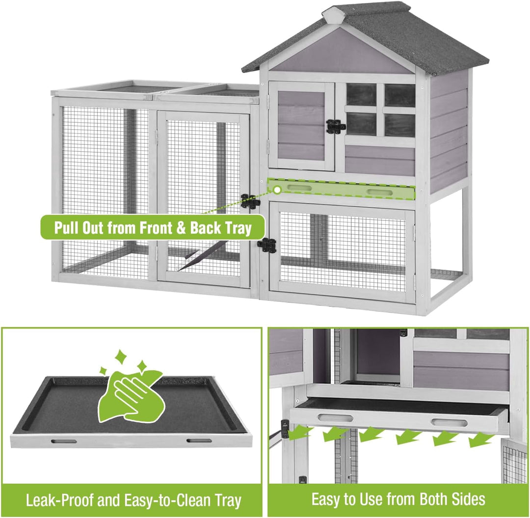 MEDEHOO Large Rabbit Hutch Outdoor 2-Level Wooden Chicken Coop Indoor Weatherproof Bunny Cage Guinea Pig House with Waterproof Roof, Leak-Proof Pull Out Tray, Lockable Door for Small Animals (Grey) AIR7002-Grey-MA-WM