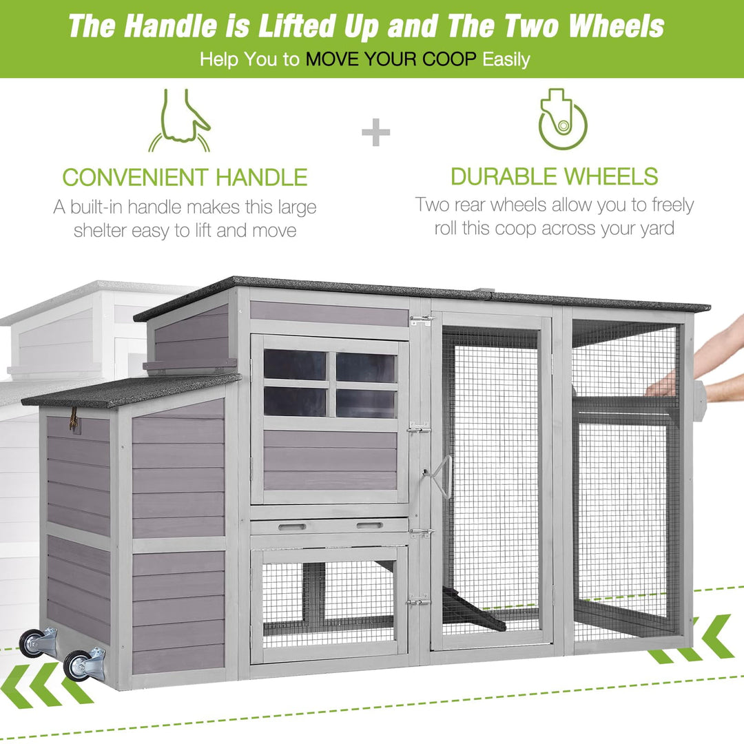 MEDEHOO Chicken Coop with Wheels Portable Hen House for 4-6 Chickens 78.4" with Large Run, Nesting Box, Metal Tray AIR31-N