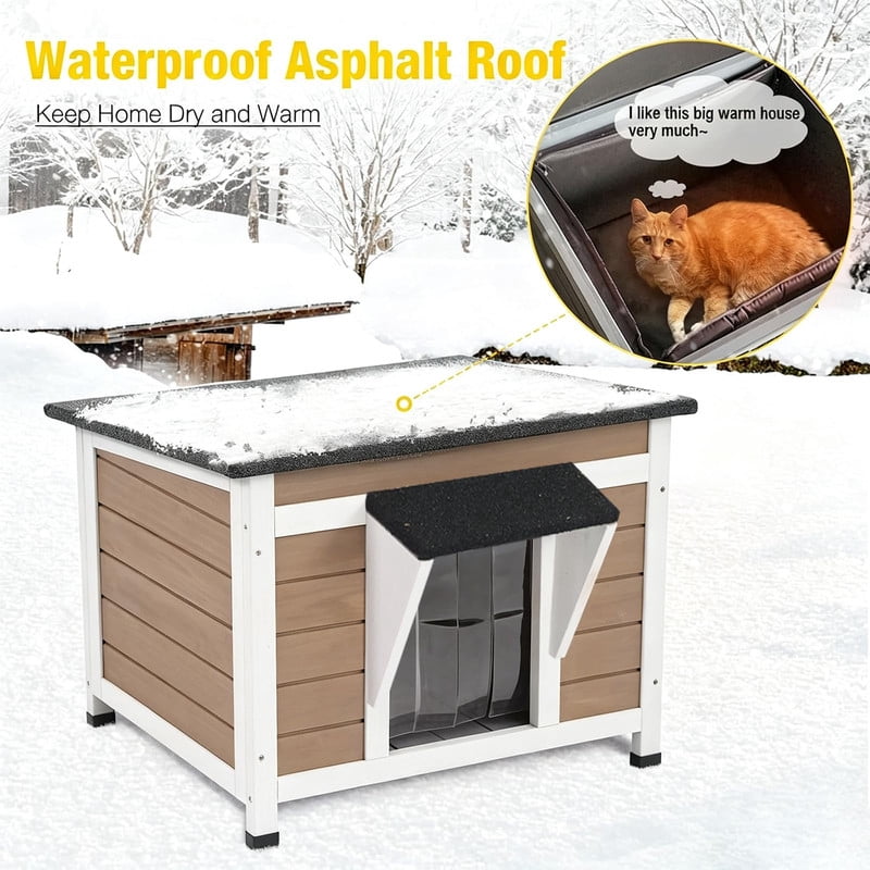 MEDEHOO Insulated Outdoor Cat House 23.6 in, Weatherproof Wooden Feral Cat Shelter with Washable Thermal Liner and Elevated Base, Brown GUT12-WBR-IN-WM