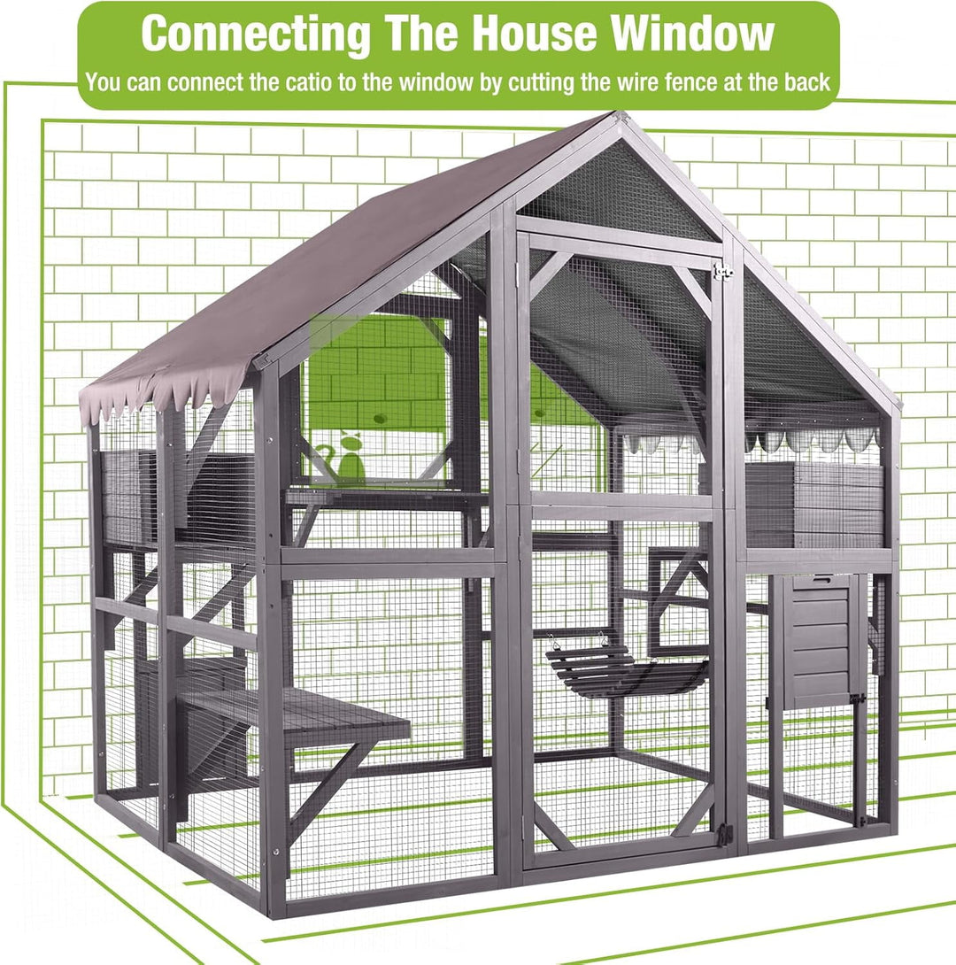 BUTINGLALE Catio Outdoor Cat Enclosures Wooden Cat House with Rest Houses, Platforms, Bridge, and Waterproof UV Cover - 55" D AIR52-MJ