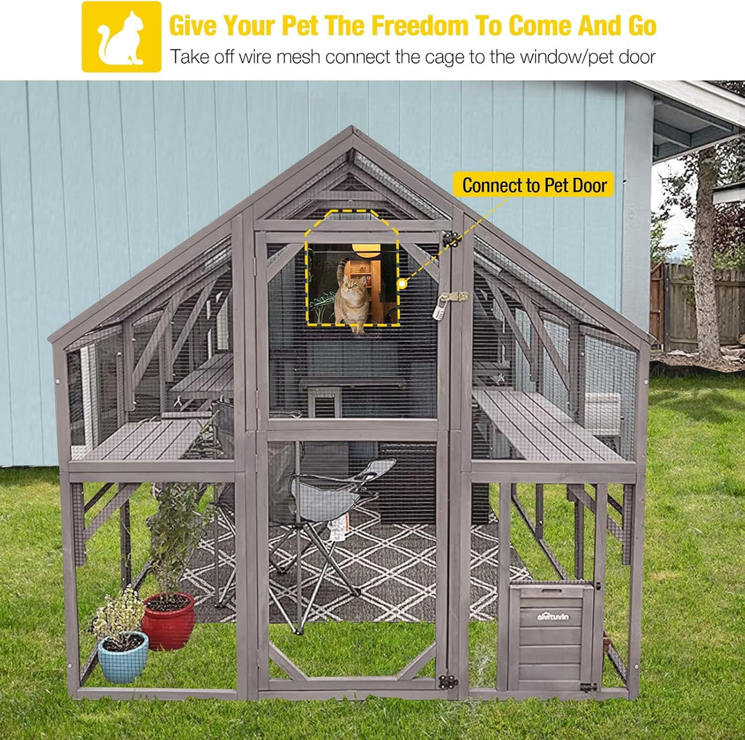 MEDEHOO Catio Outdoor Cat Enclosure Large Cat Run with Bridges, Walks, Small Houses, Roof Cover 110" AIR52-PA-WM