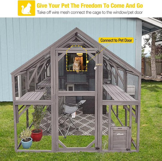 MEDEHOO Catio Outdoor Cat Enclosure Large Cat Run with Bridges, Walks, Small Houses, Roof Cover 110" AIR52-PA-WM