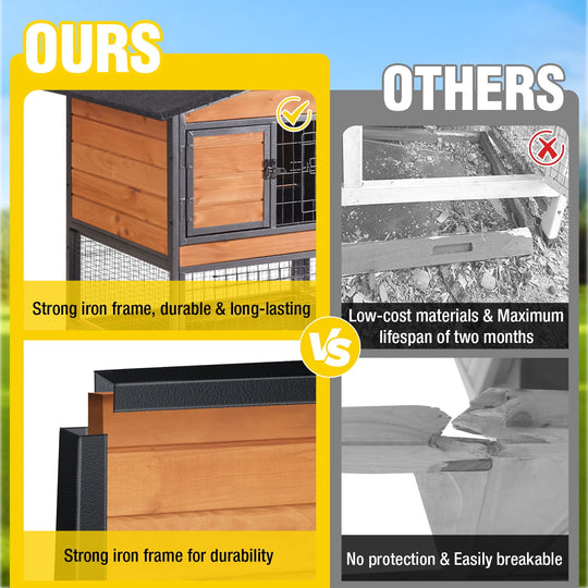 MEDEHOO 2-Story Rabbit Hutch with Chew-Proof Full Metal Frame for Indoor/Outdoor - 62" Bunny Cage with 6 Locking Casters &amp; 2 Pull-Out Trays for Rabbits, Guinea Pigs, Small Pets (Brown)