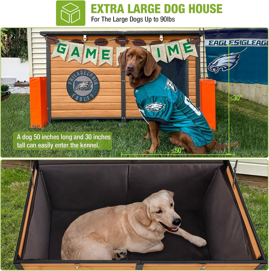 MEDEHOO Extra Large Insulated Outdoor Dog House with Insulated Liner for Winter, Weatherproof Dog Kennel with All-Around Iron Frame for Small, Medium, and Large Dog (Brown) AIR063-IN-WM