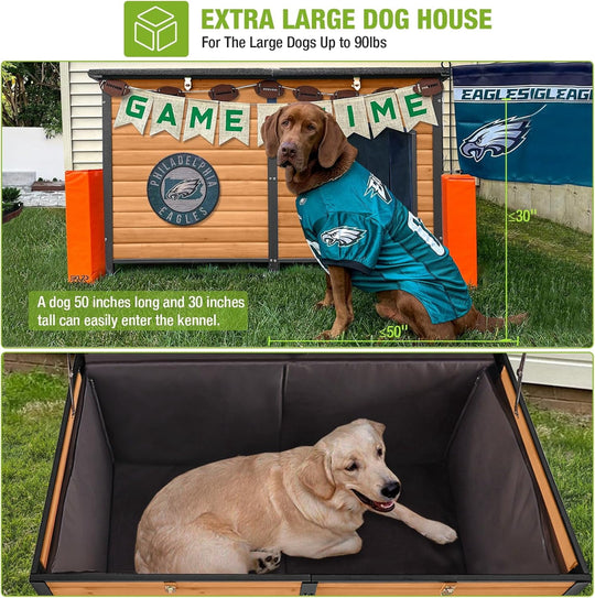 MEDEHOO Extra Large Insulated Outdoor Dog House with Insulated Liner for Winter, Weatherproof Dog Kennel with All-Around Iron Frame for Small, Medium, and Large Dog (Brown) AIR063-IN-WM