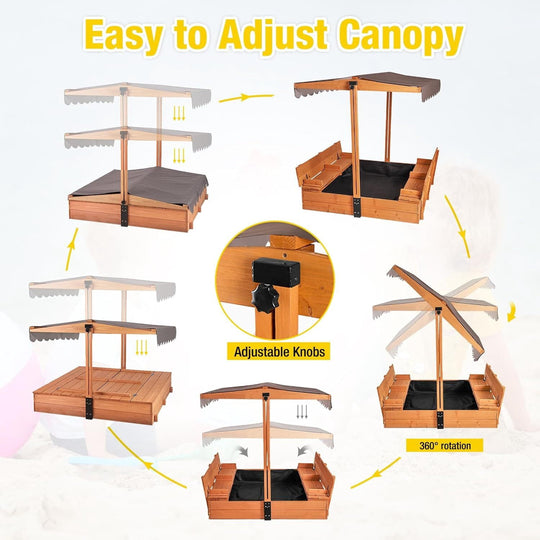 MEDEHOO Sandbox with Cover Wooden Sand Box with Lid Foldable Beench Seats and Retractable Roof Large Sand Boxes for Backyard Garden Beach Patio 47"