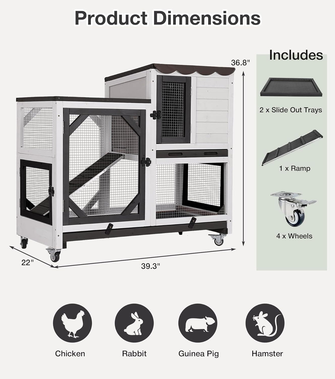 MEDEHOO Rabbit Hutch 2-Story Wooden Bunny Cage with 2 Leak-Proof Trays, Chew-Proof Metal Mesh Indoor &amp; Outdoor Guinea Pig House with Wheels - Black AIR7013-BW-AD-WM