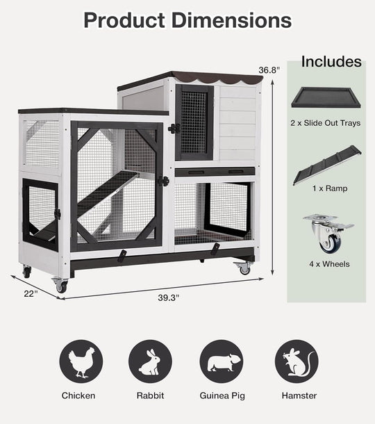 MEDEHOO Rabbit Hutch 2-Story Wooden Bunny Cage with 2 Leak-Proof Trays, Chew-Proof Metal Mesh Indoor &amp; Outdoor Guinea Pig House with Wheels - Black AIR7013-BW-AD-WM