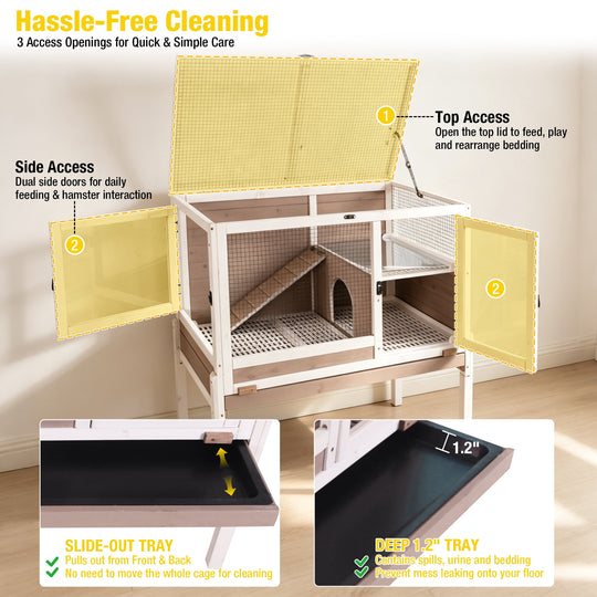 MEDEHOO Guinea Pig Cage with Wooden Stand Large Hamster Cage with Anti Chew Ramp, Hideout, Platform, Pull Out Tray (Brown, L) AIR53-WZ-D11-WM