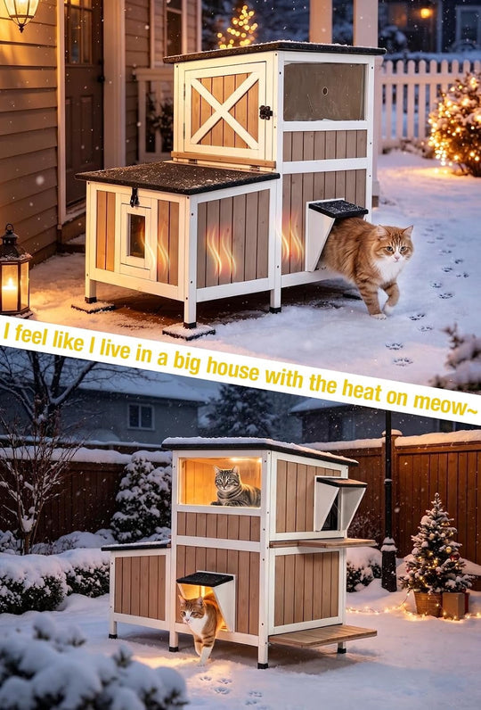 MEDEHOO Heated Insulated Cat House Outdoor with Liner in Winter, Outside Weatherproof Feral Cat Shelter with Escape Doors and Window Brown AIR7033-B-HP-ML-WM
