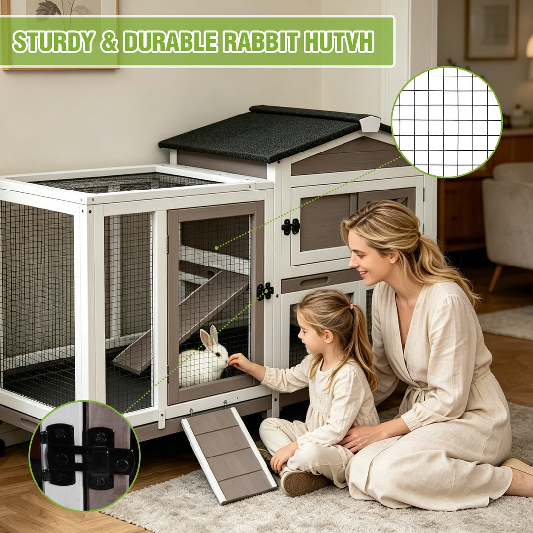 MEDEHOO 55.2" 2-Story Rabbit Hutch Indoor Outdoor, Heavy Duty Full Metal Bunny Cage with 6 Locking Wheels, 2 Pull-Out Trays, Chew-Proof Ramp &amp; Waterproof Roof for Guinea Pigs Small Pets