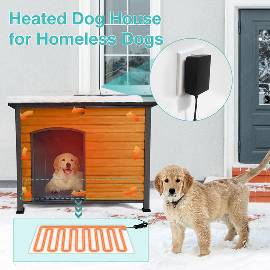 MEDEHOO Heated Outdoor Dog House with Heating Pad &amp; Insulated Liner, Winter Weatherproof Anti-Chewing Dog Kennel, Iron