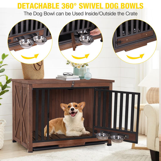 MEDEHOO Folding Dog Crate Furniture Portable Metal Dog Kennel with Bowls &amp; Tray, Dog Crate for Small &amp; Medium Dogs with Opening Roof, Brown