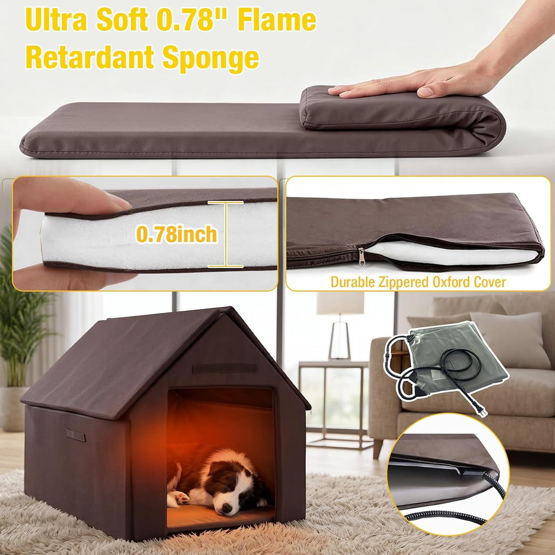 MEDEHOO Heated Outdoor Dog House, Insulated Weatherproof Shelter with Adjustable Heating Pad &amp; Metal Frame