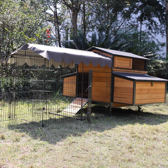 MEDEHOO Mobile Chicken Coop with Strong Iron Frame Outdoor Hen House with Run Poultry Cage with Waterproof Roof,Nesting Box,Pull-on Tray,6-8 Chickens AIR7019-00J-WM
