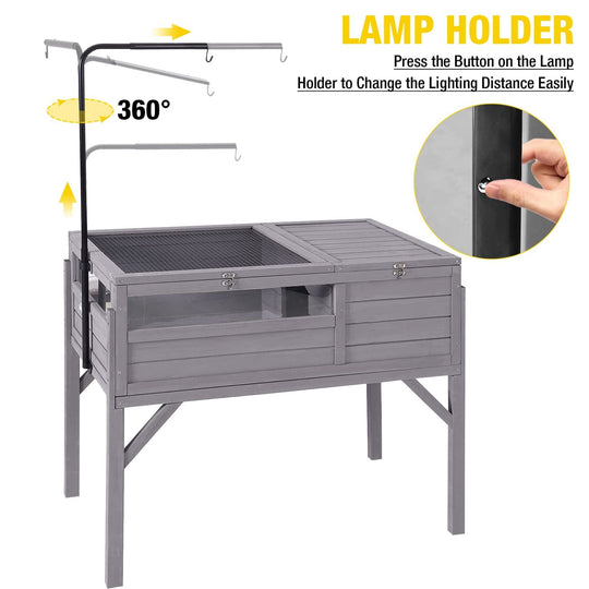 MEDEHOO Tortoise Habitat Turtle Enclosure, Wooden Reptile Cage for Small Animals, Adjustable Light Stand, 1 Set