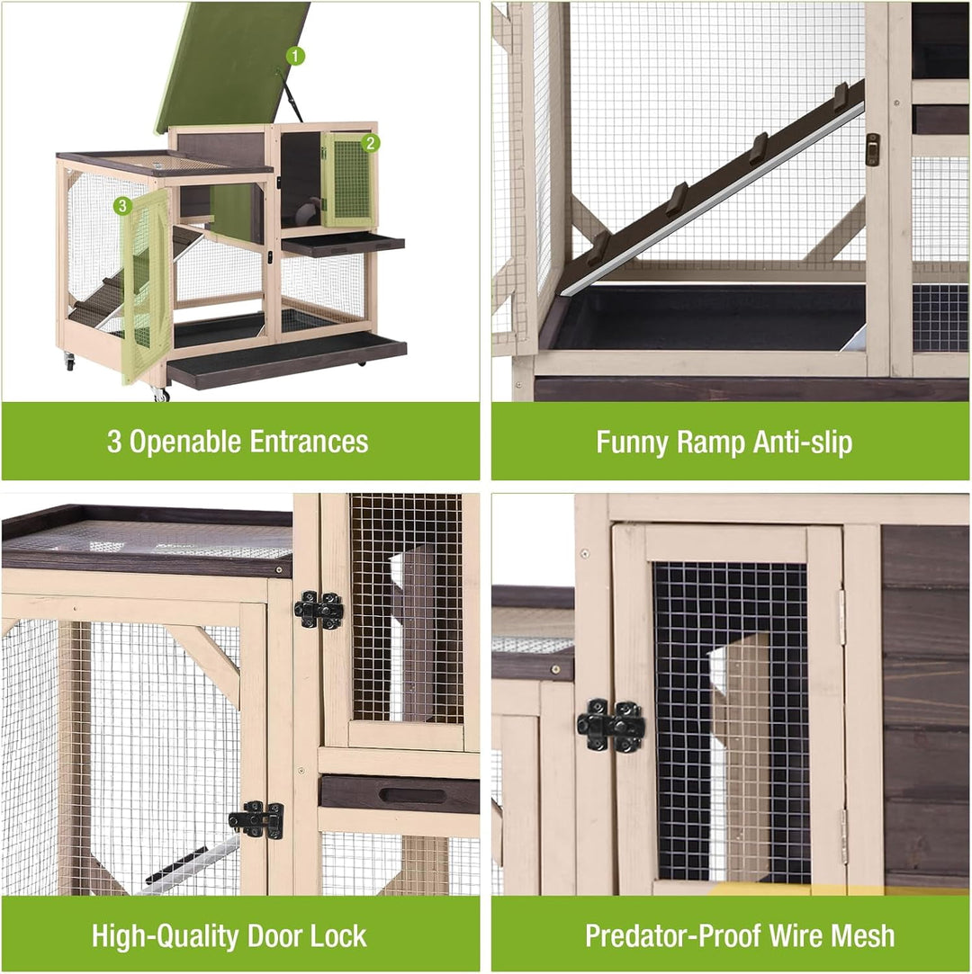 MEDEHOO 2-Story Rabbit Hutch with Chew-Proof Ramp &amp; Pull-Out Trays - Indoor/Outdoor 39.3" Wooden Rabbit Cage on Wheels for Rabbits, Guinea Pigs (Beigie&amp;Brown)