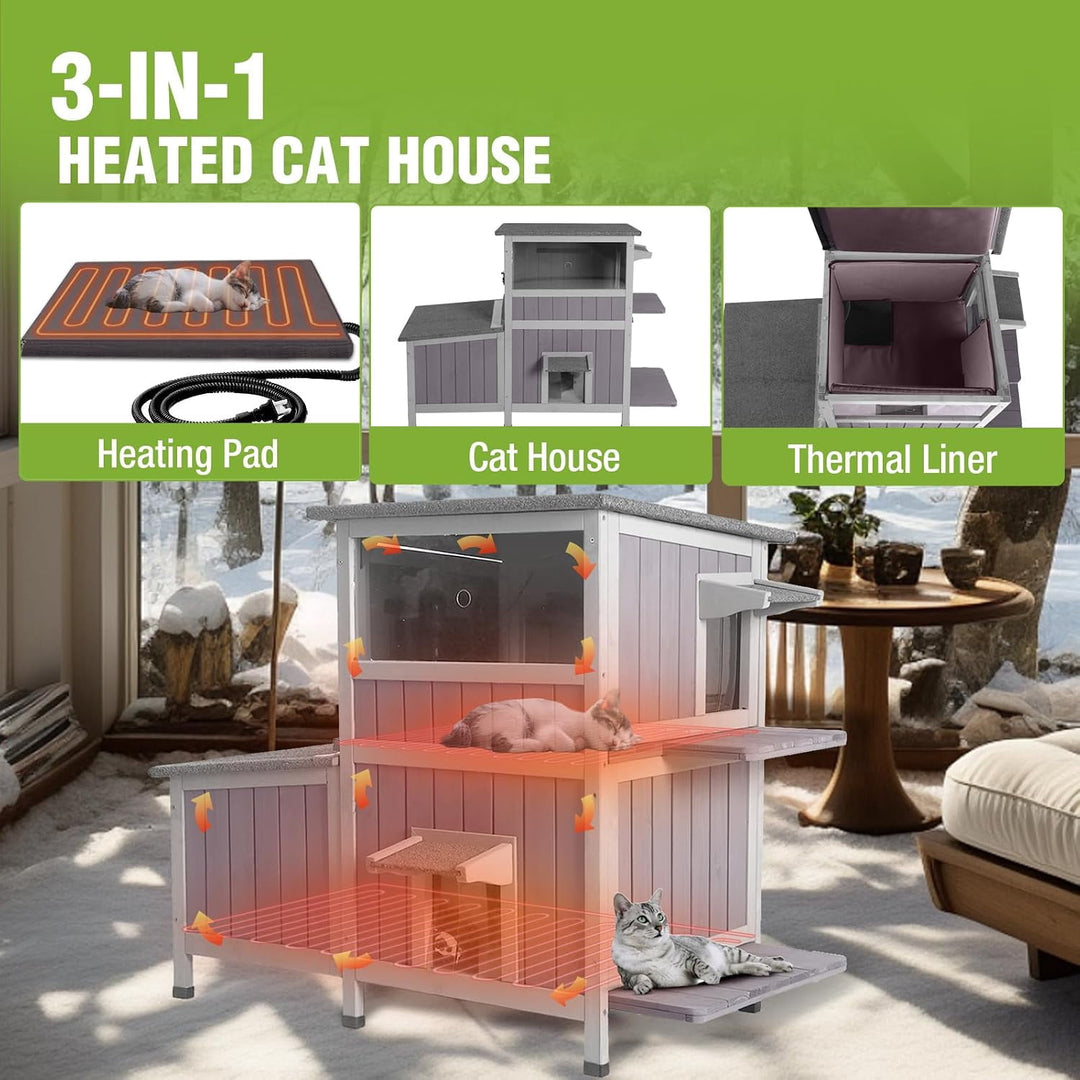 MEDEHOO Heated Cat House Outdoor Insulated Liner Cat House with Heated Pad Feral Cat Shelter with Escape Doors Weatherproof