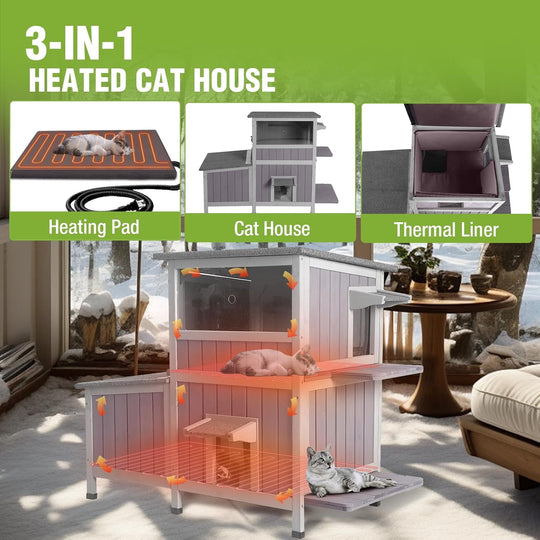 MEDEHOO Heated Cat House Outdoor Insulated Liner Cat House with Heated Pad Feral Cat Shelter with Escape Doors Weatherproof