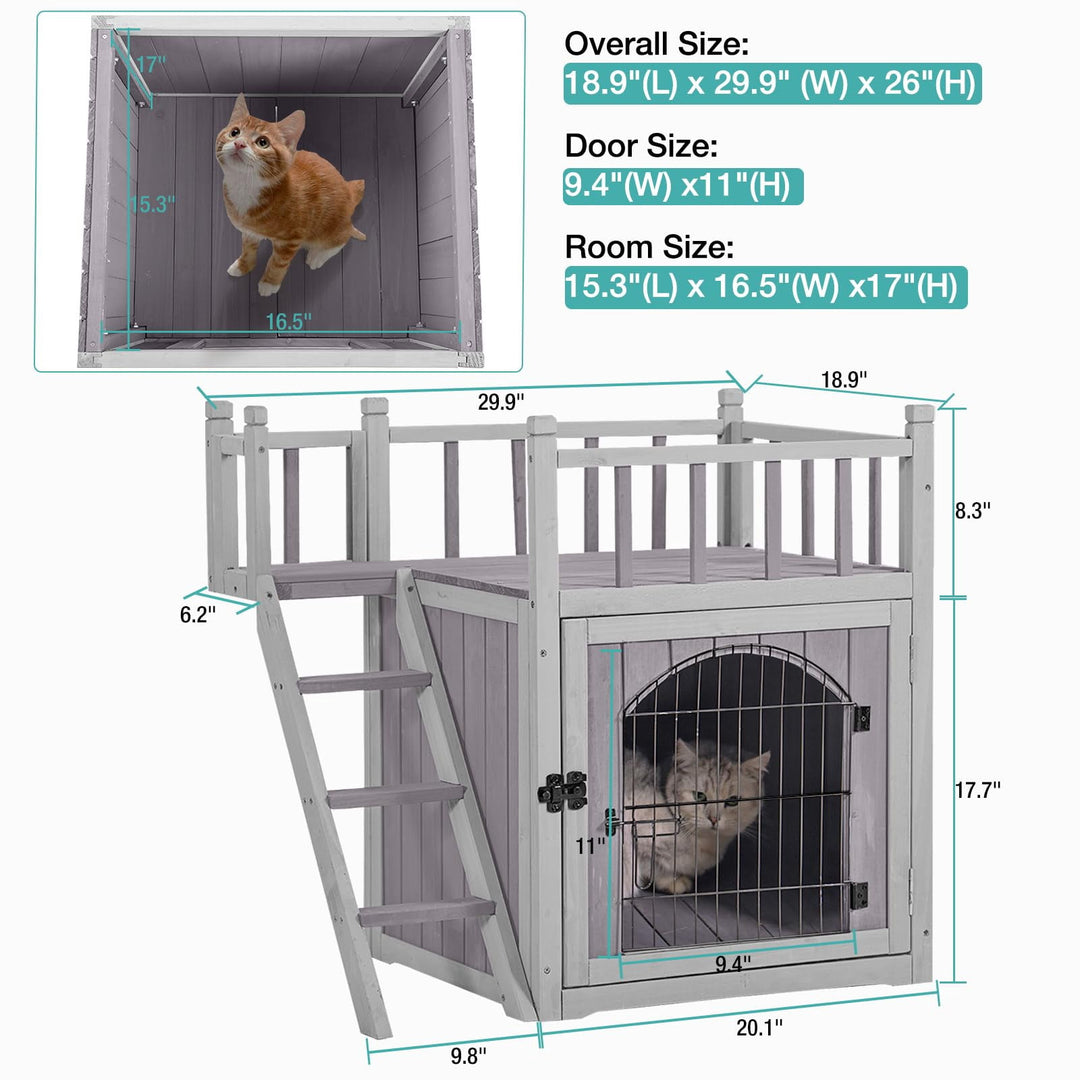 MEDEHOO Wooden Cat House Outdoor Kitty Shelter Pet Houses with Stairs, 2 Storys