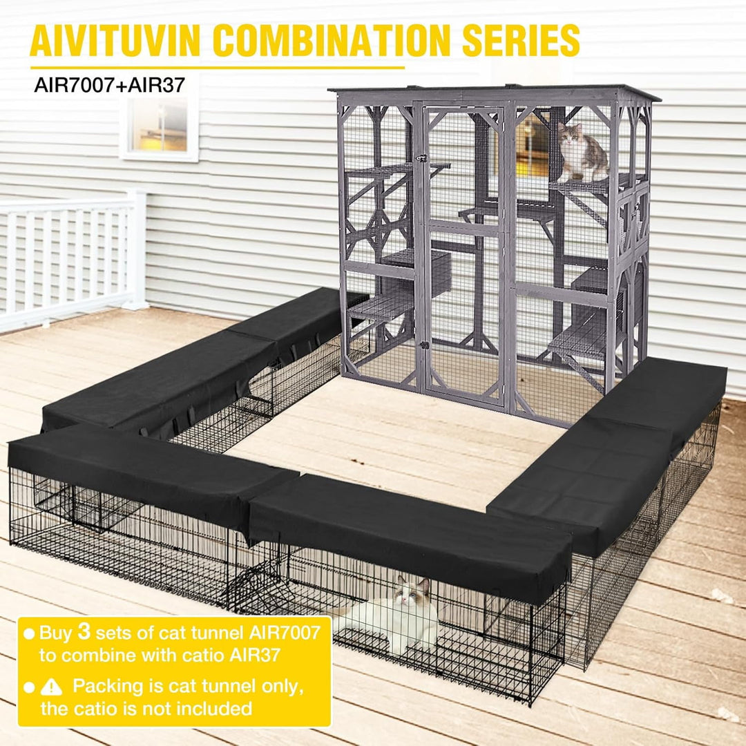MEDEHOO Cat Tunnel with Extendable Design 90.6" L, Metal Wire Outdoor Cat Enclosure with Weatherproof Fabric Cover, Connecting Inside and Outside, for Deck Patios, Balconies