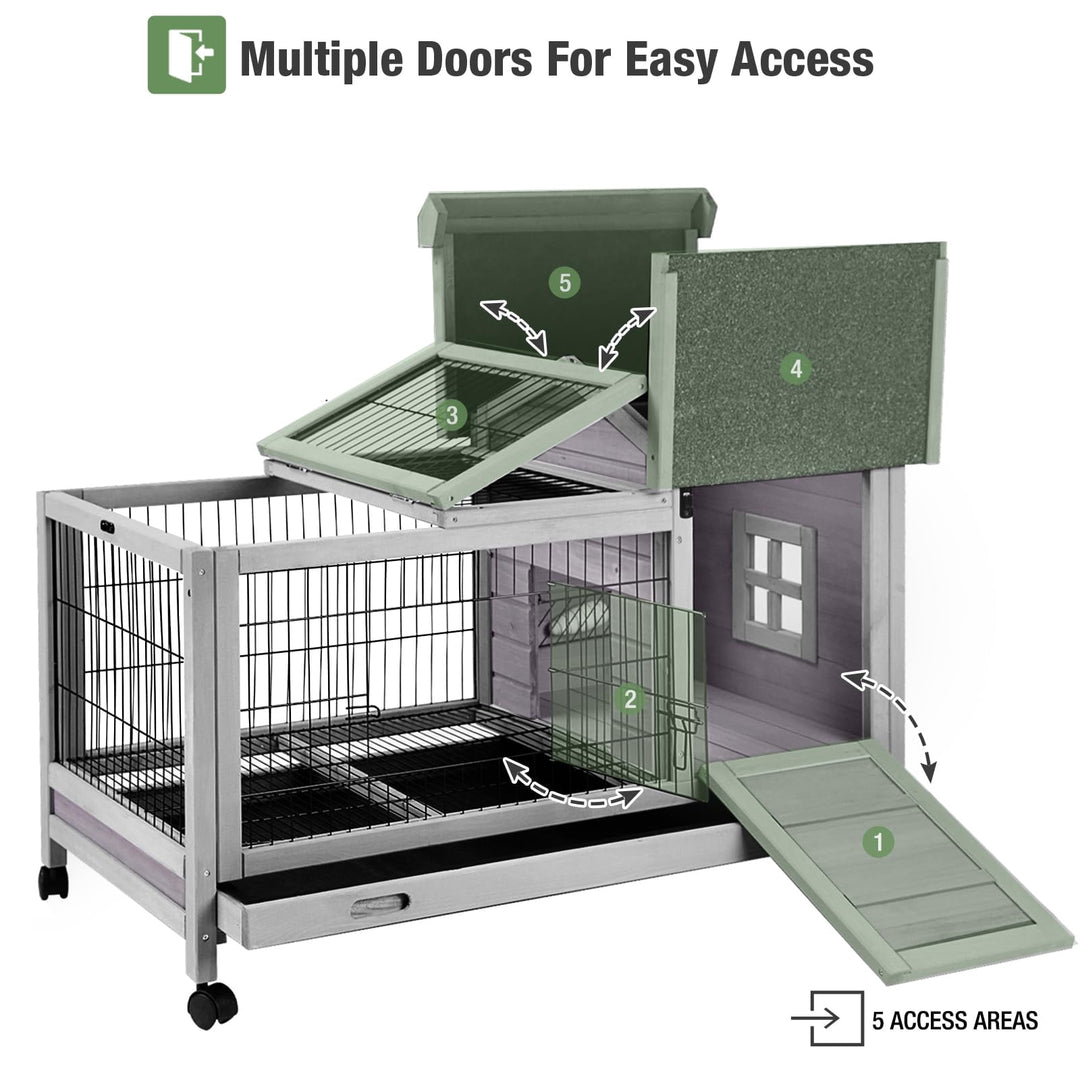 MEDEHOO Rabbit Hutch with Wheels for Indoor Outdoor, Wooden Rabbit Cage with Removable Wire Netting &amp; Leak Proof Tray, Mobile Bunny Cage, Gray AIR24-ML-WM