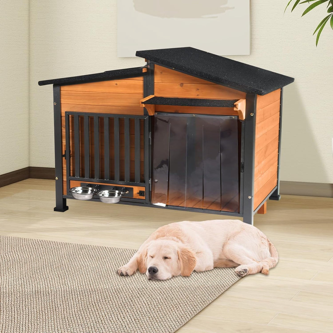 Dog House with Anti-Chewing Metal Frame Design Wooden Dog Kennel with Unique Design Roof, Weatherproof Dog House for Indoor &amp; Outdoor Use (Wood, L)