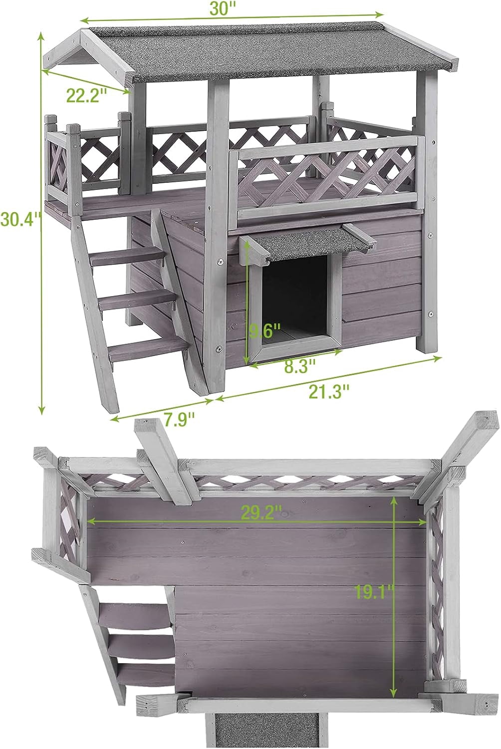 MEDEHOO Cat House with Door for Feral Cats, Rainproof Outside Kitty House, 2 Story Wooden Kitten Condo with Stairs AIR09-BS-WM2