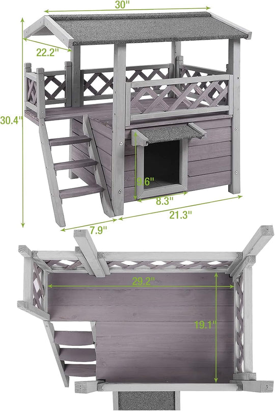 MEDEHOO Cat House with Door for Feral Cats, Rainproof Outside Kitty House, 2 Story Wooden Kitten Condo with Stairs AIR09-BS-WM2