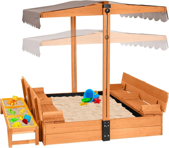 MEDEHOO Kids Sand Boxes with Lid and Canopy, Outdoor Sandboxes with Cover, Foldable Bench Seats, Retractable Roof, Sand Table for Kids Ages 4-8 (Brown with Toy Bins)