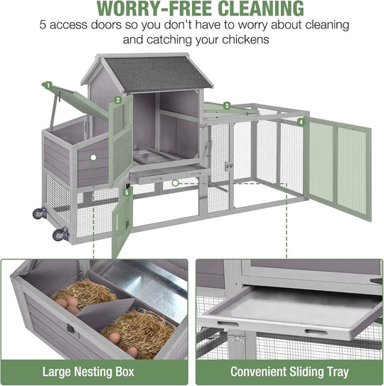 78" Mobile Chicken Coop with Wheels for 4-6 Chickens, Large Wooden Hen House Duck Cage with Run, Nesting Box, Pull-Out Tray, Waterproof Asphalt Roof Mark-AIR27-4