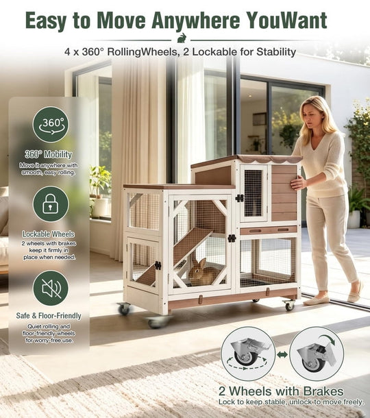 MEDEHOO 39" 2-Story Rabbit Hutch, Wooden Bunny Cage with Chew-Proof Ramp, 2 Leak-Proof Pull-Out Trays and Lockable Wheels for Guinea Pigs &amp; Small Pets, Brown AIR7013-MI-WM