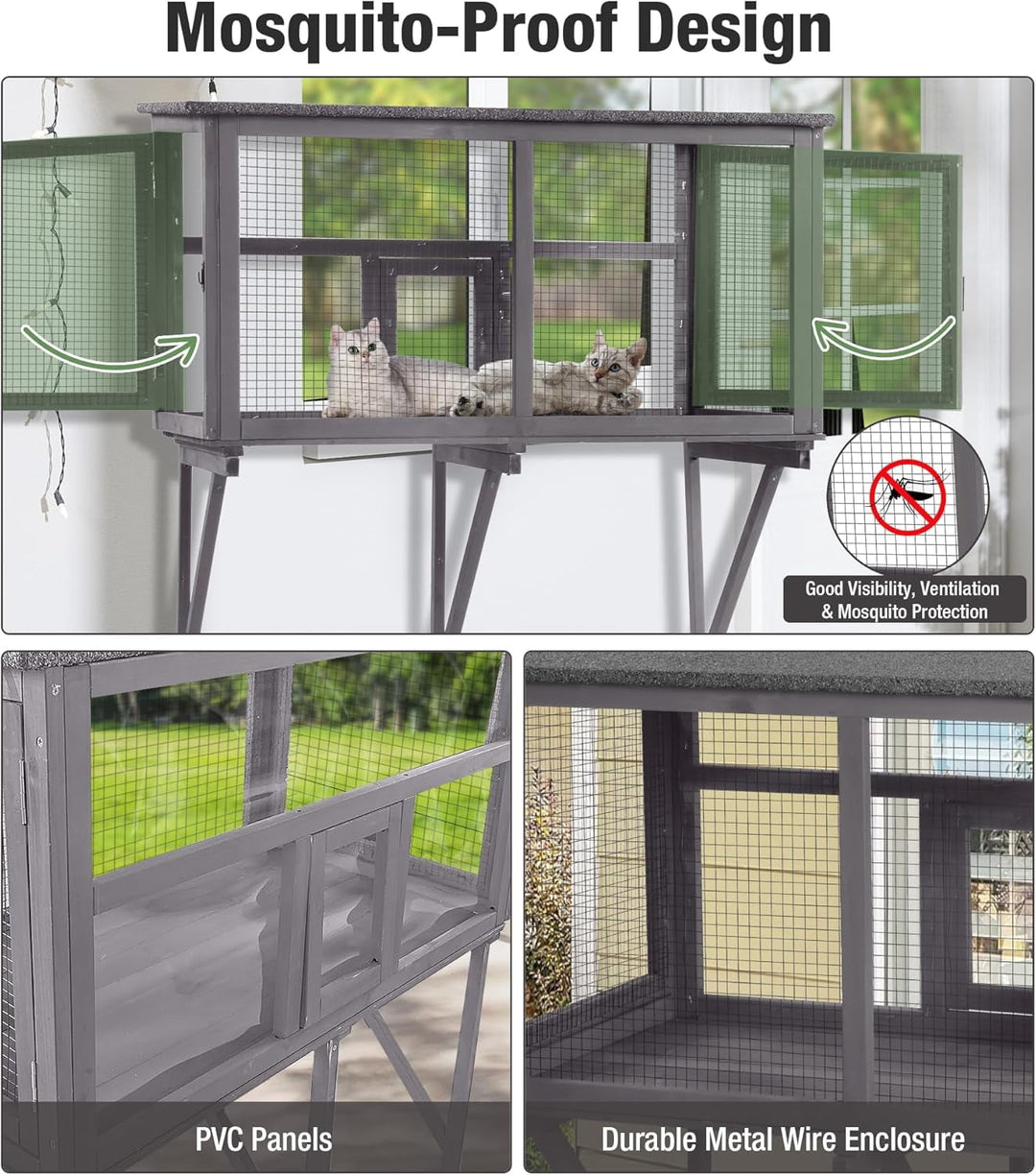 MEDEHOO Cat Window Box, Window Catio Outdoor Cat Enclosure - Weatherproof &amp; UV-Resistant Wooden Catio with 360° Unobstructed View, Mosquito-Proof Design