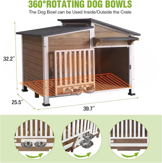 MEDEHOO Heated Dog House Outdoor with Heating Pad and Insulated Liner, Wooden Dog Kennel with Anti-Chewing Metal Frame, Weatherproof Dog Shelter with Bowls for Outdoor or Indoor Use (Light Brown)