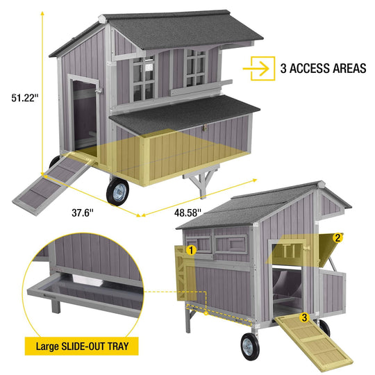 MEDEHOO Chicken Coop Upgrade Durable Outdoor Chicken House with Large Wheels, Nesting Box, Leakproof Pull-on Tray and UV-Resistant Roof Panel (Grey)